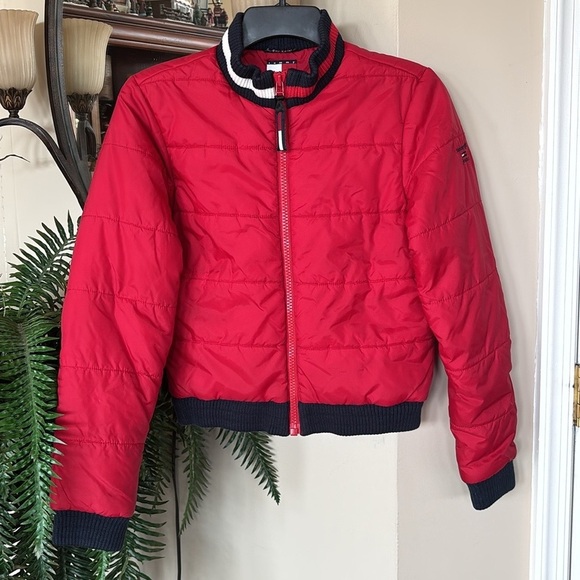 Tommy Hilfiger Tommy Girl Jeans Red Zippered Cropped Puffer Jacket Winter Coat - Picture 14 of 14